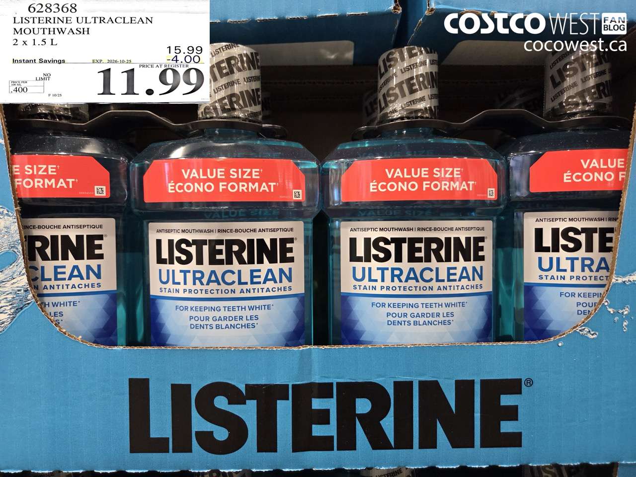 628368 LISTERINE ULTRACLEAN MOUTHWASH 2 X 1.5 L ($4.00 INSTANT SAVINGS EXPIRES ON 2026-10-25) $11.99