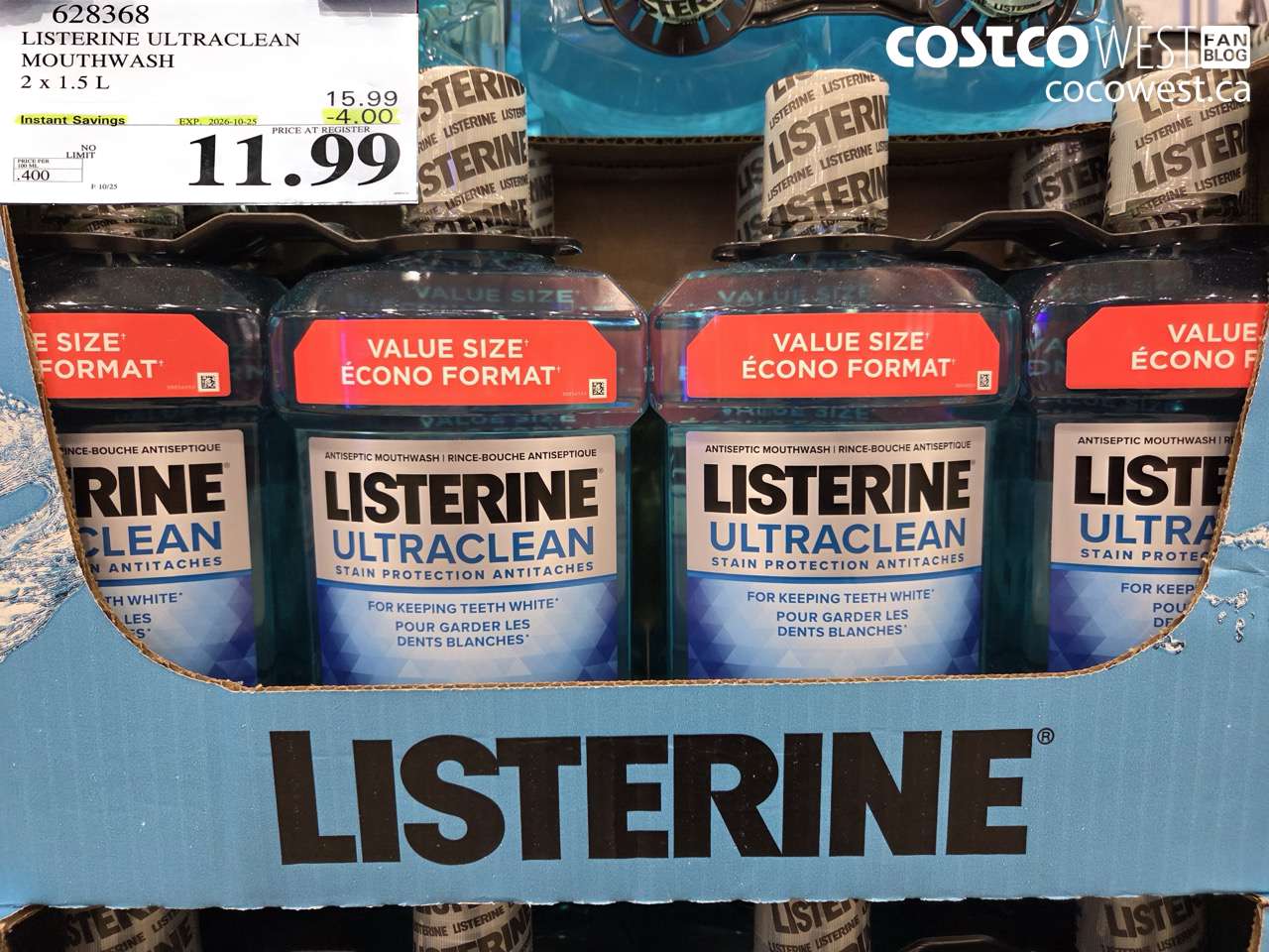 628368 LISTERINE ULTRACLEAN MOUTHWASH 2 X 1.5 L ($4.00 INSTANT SAVINGS EXPIRES ON 2026-10-25) $11.99