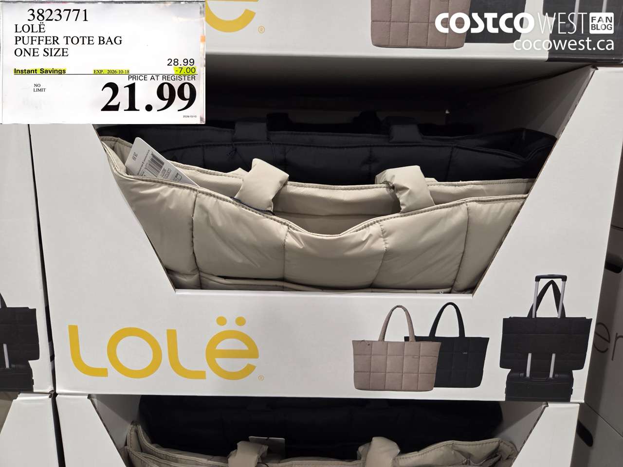 3823771 LOLË PUFFER TOTE BAG ONE SIZE ($7.00 INSTANT SAVINGS EXPIRES ON 2026-10-18) $21.99