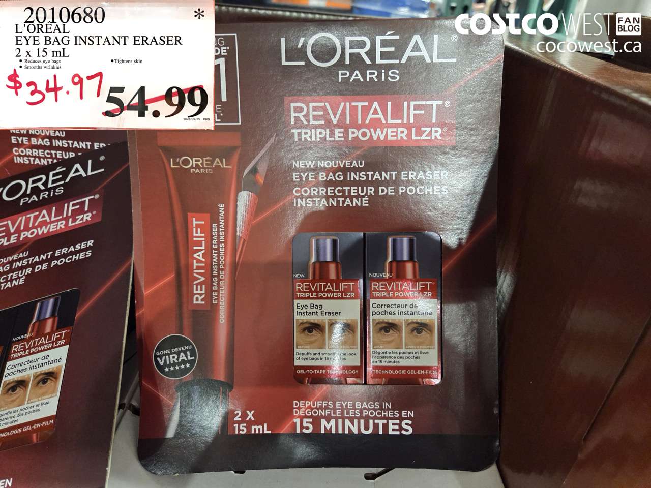 2010680 L'OREAL EYE BAG INSTANT ERASER 2 X 15 ML $34.97