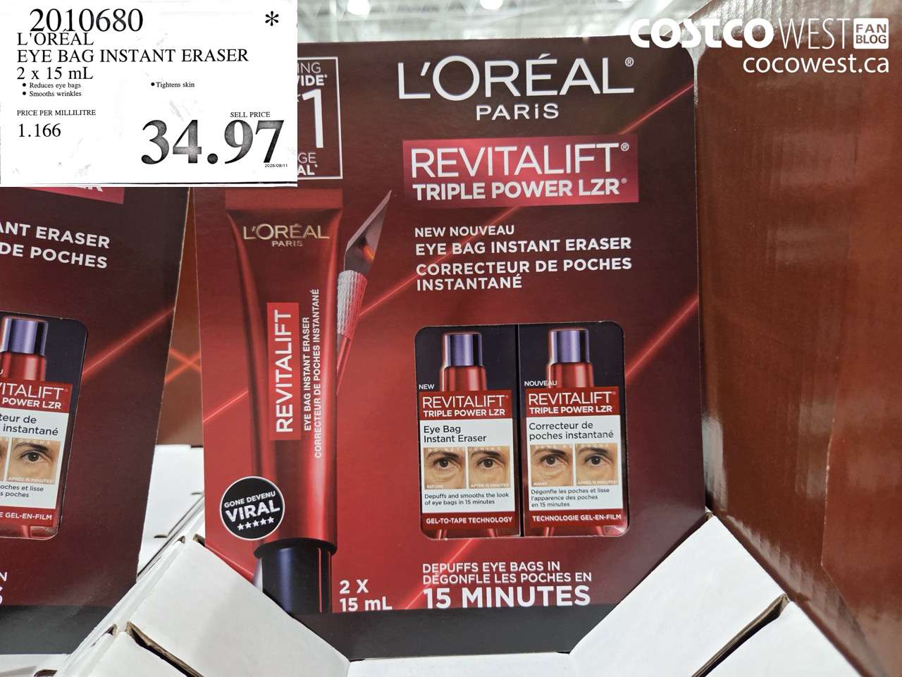 2010680 L'OREAL EYE BAG INSTANT ERASER 2 X 15 ML $34.97