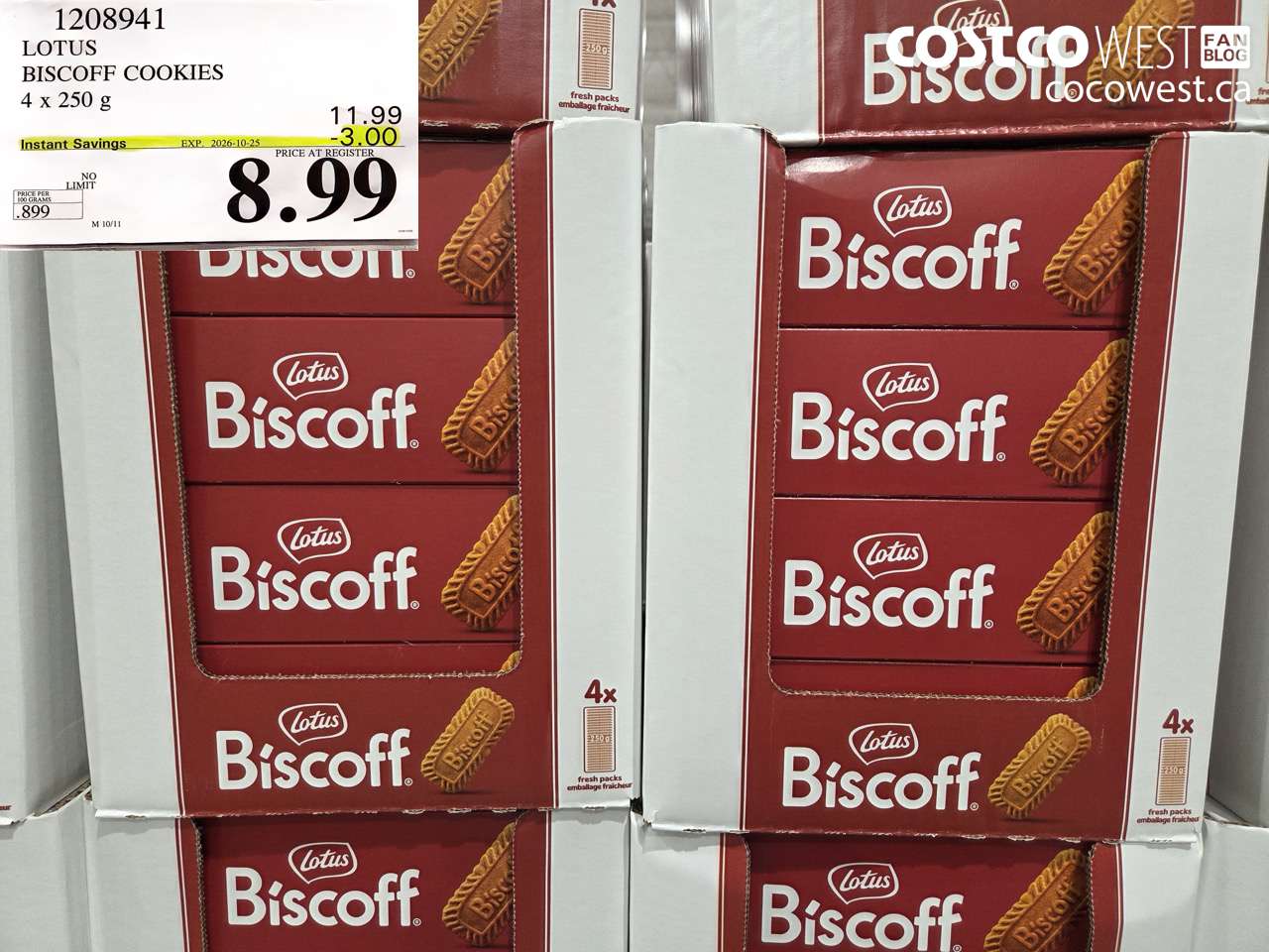 1208941 LOTUS BISCOFF COOKIES 4 X 250 G ($3.00 INSTANT SAVINGS EXPIRES ON 2026-10-25) $8.99