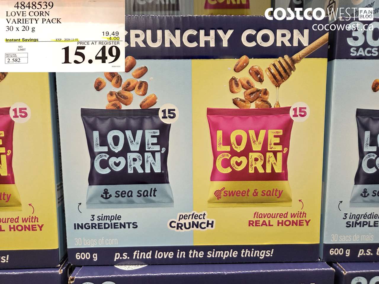 4848539 LOVE CORN VARIETY PACK 30 X 20 G ($4.00 INSTANT SAVINGS EXPIRES ON 2026-11-01) $15.49