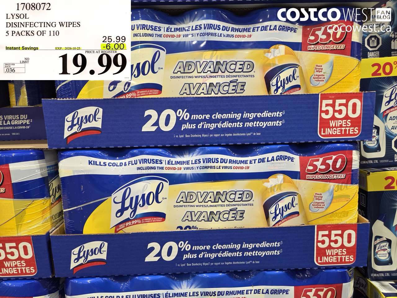 1708072 LYSOL DISINFECTING WIPES 5 PACKS OF 110 ($6.00 INSTANT SAVINGS EXPIRES ON 2026-10-25) $19.99