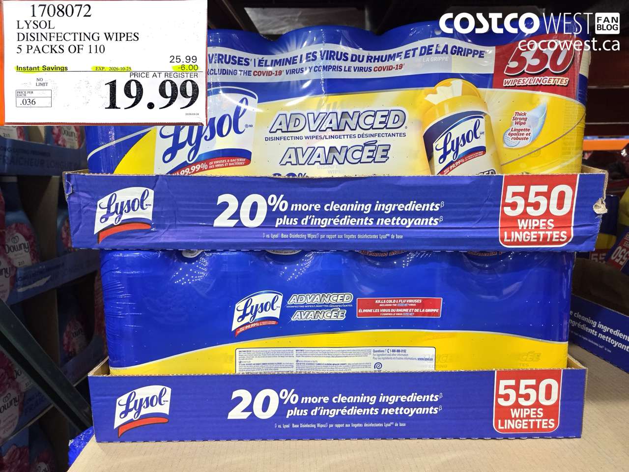 1708072 LYSOL DISINFECTING WIPES 5 PACKS OF 110 ($6.00 INSTANT SAVINGS EXPIRES ON 2026-10-25) $19.99