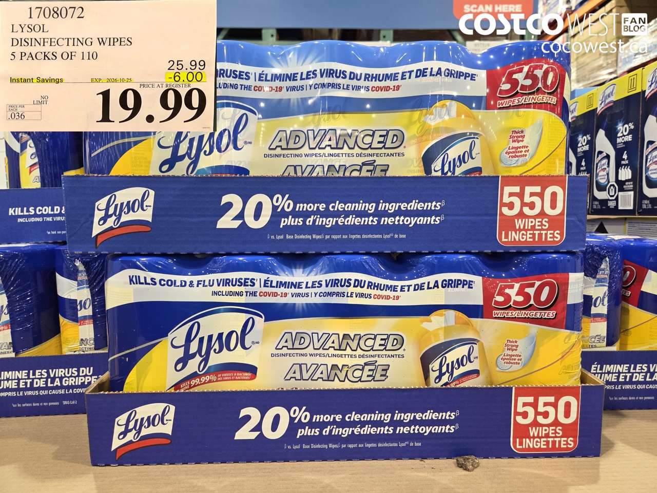 1708072 LYSOL DISINFECTING WIPES 5 PACKS OF 110 ($6.00 INSTANT SAVINGS EXPIRES ON 2026-10-25) $19.99