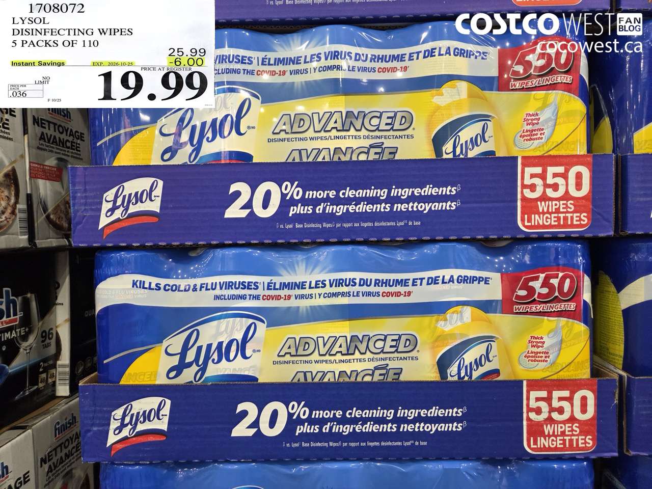 1708072 LYSOL DISINFECTING WIPES 5 PACKS OF 110 ($6.00 INSTANT SAVINGS EXPIRES ON 2026-10-25) $19.99