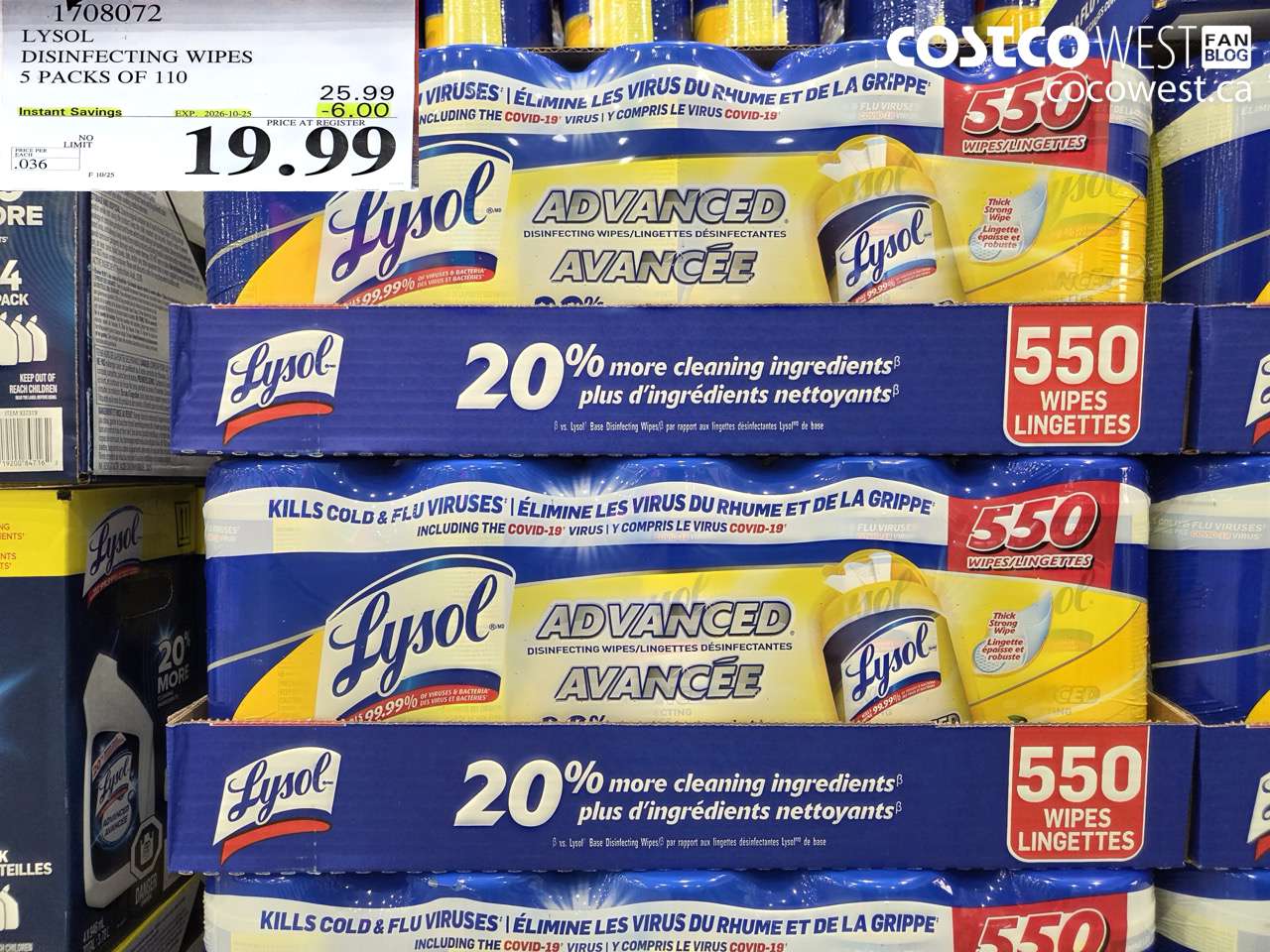 1708072 LYSOL DISINFECTING WIPES 5 PACKS OF 110 ($6.00 INSTANT SAVINGS EXPIRES ON 2026-10-25) $19.99