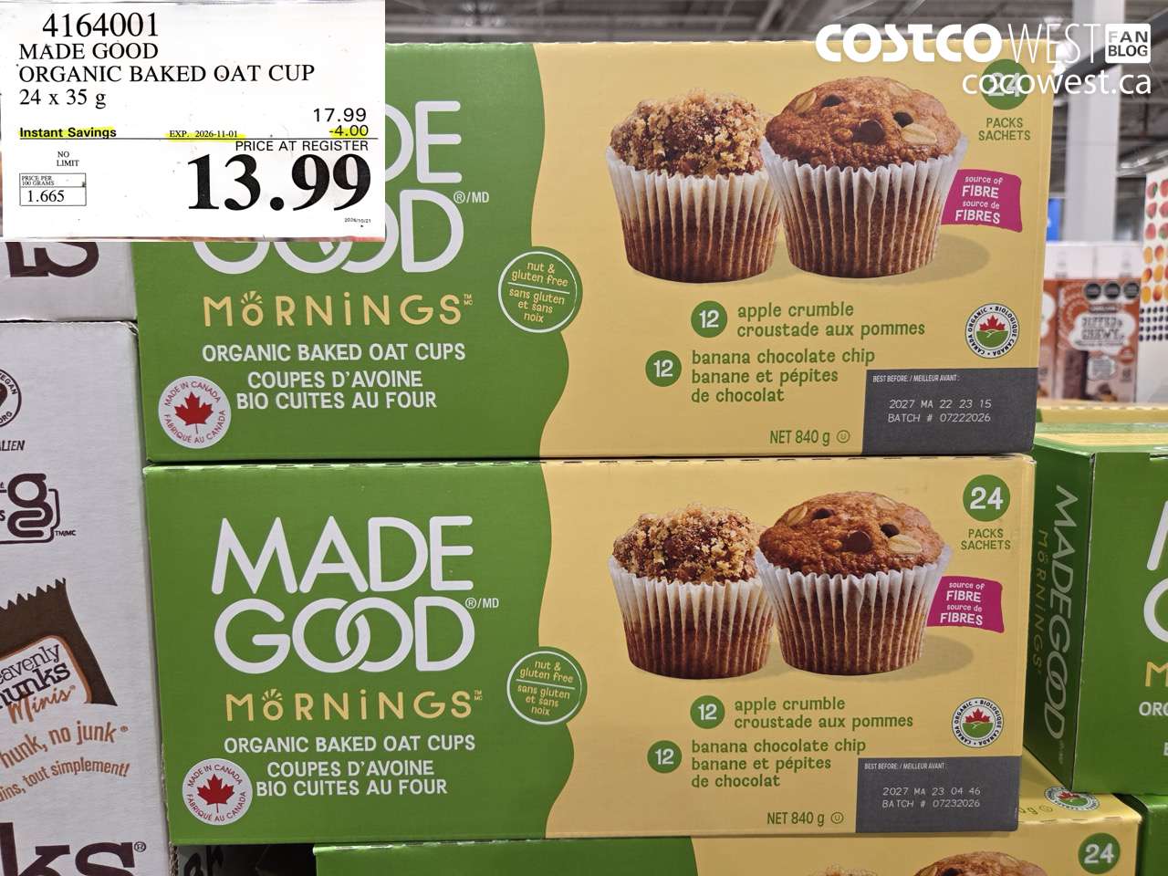 4164001 MADE GOOD ORGANIC BAKED OAT CUP 24 X 35 G ($4.00 INSTANT SAVINGS EXPIRES ON 2026-11-01) $13.99