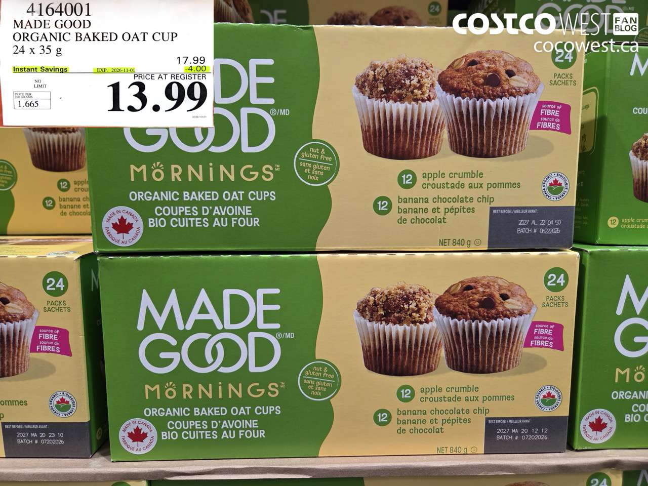 4164001 MADE GOOD ORGANIC BAKED OAT CUP 24 X 35 G ($4.00 INSTANT SAVINGS EXPIRES ON 2026-11-01) $13.99