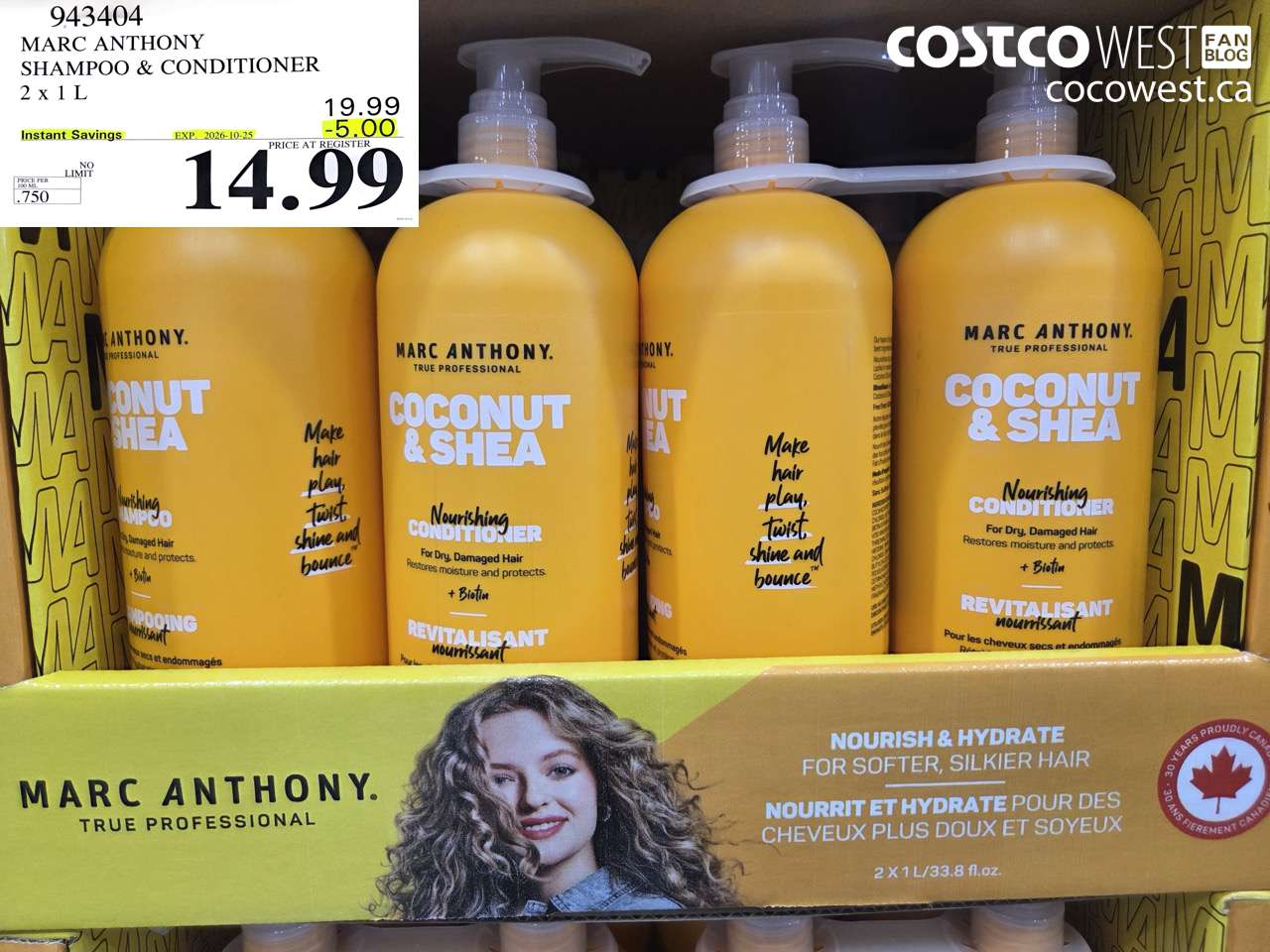 943404 MARC ANTHONY SHAMPOO & CONDITIONER 2 X 1 L ($5.00 INSTANT SAVINGS EXPIRES ON 2026-10-25) $14.99