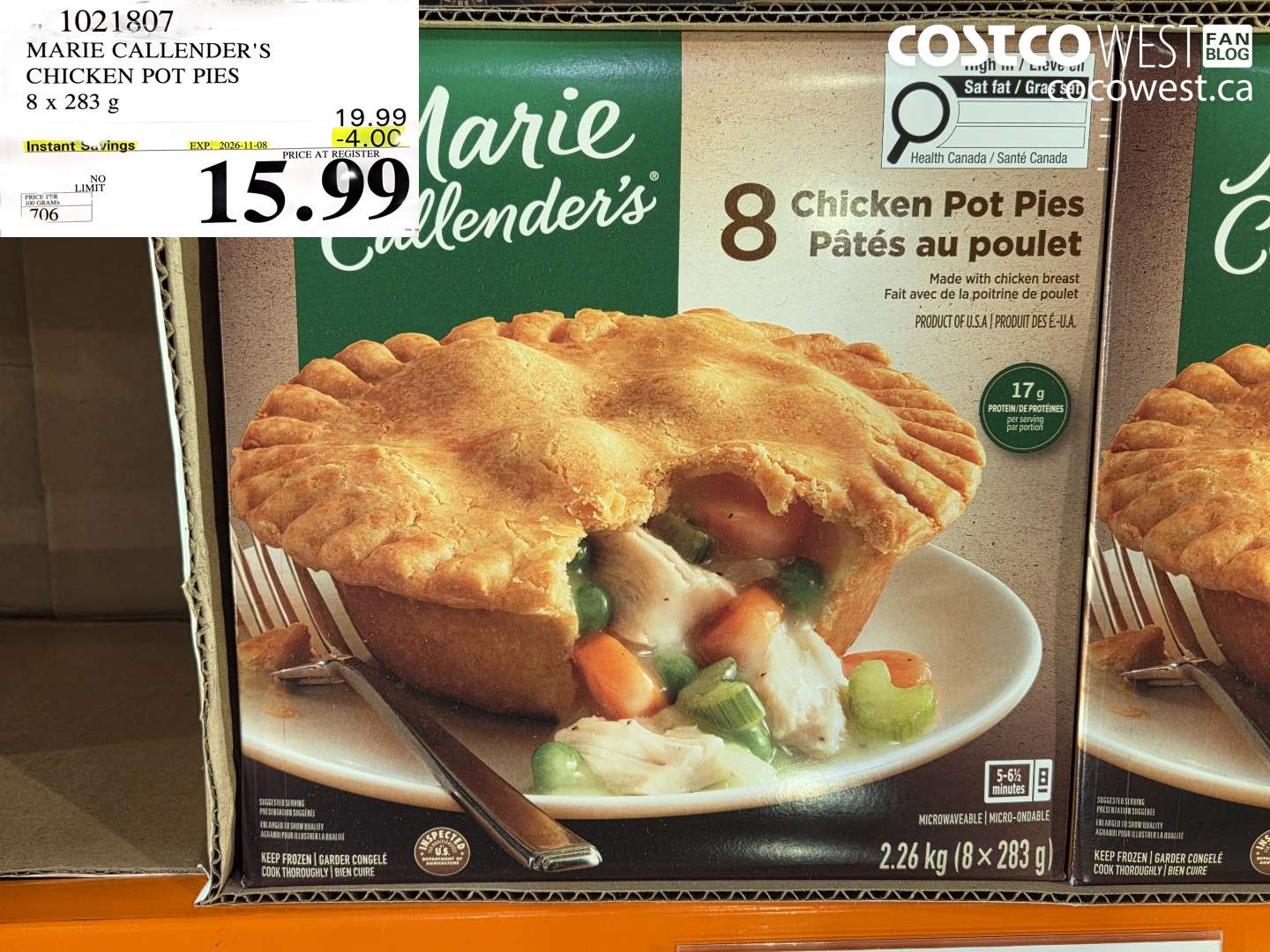 1021807 MARIE CALLENDER'S CHICKEN POT PIES 8 X 283 G ($4.00 INSTANT SAVINGS EXPIRES ON 2026-11-08) $15.99