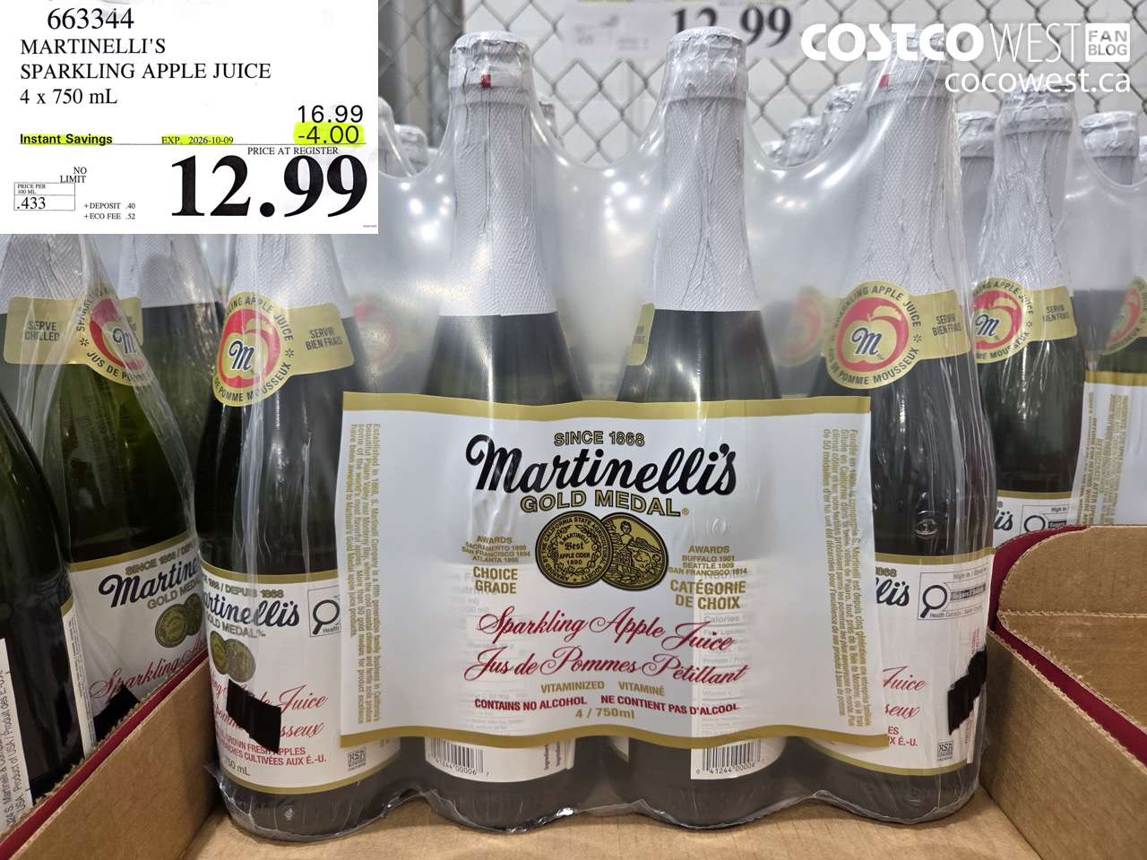 663344 MARTINELLI'S SPARKLING APPLE JUICE 4 X 750 ML ($4.00 INSTANT SAVINGS EXPIRES ON 2026-10-09) $12.99