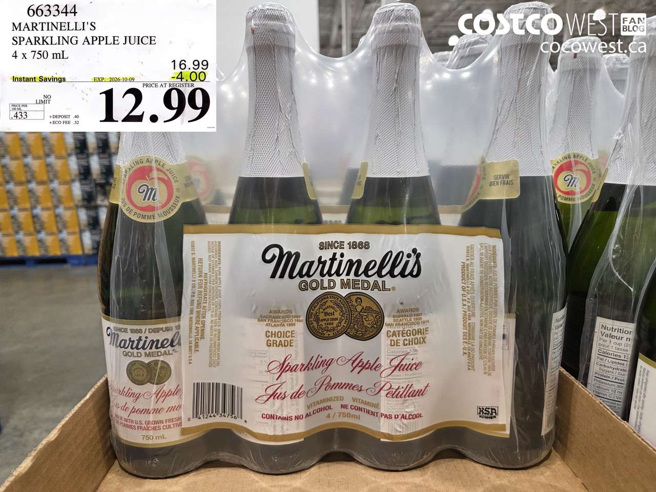 663344 MARTINELLI'S SPARKLING APPLE JUICE 4 X 750 ML ($4.00 INSTANT SAVINGS EXPIRES ON 2026-10-09) $12.99