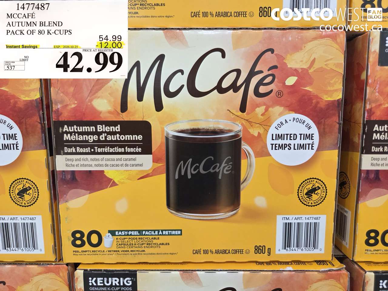 1477487 MCCAFÉ AUTUMN BLEND PACK OF 80 K-CUPS ($12.00 INSTANT SAVINGS EXPIRES ON 2026-10-25) $42.99