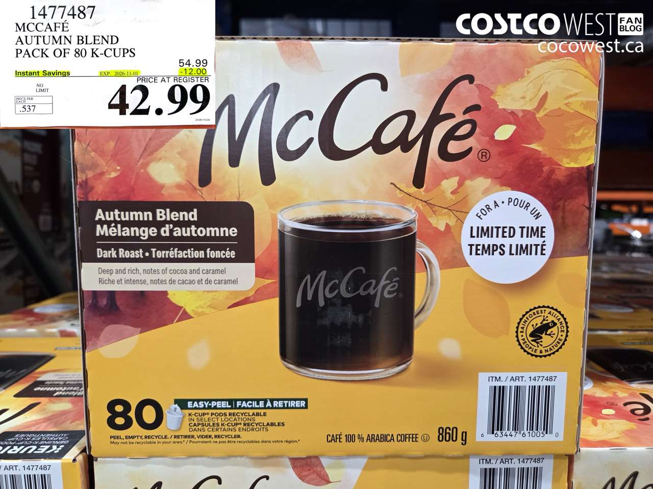 1477487 MCCAFÉ AUTUMN BLEND PACK OF 80 K-CUPS ($12.00 INSTANT SAVINGS EXPIRES ON 2026-11-01) $42.99