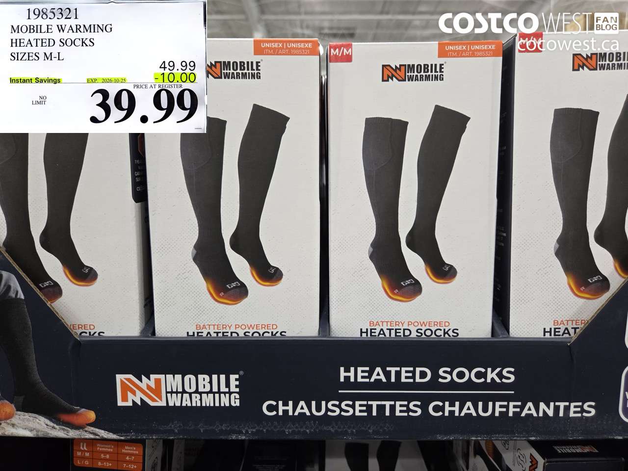 1985321 MOBILE WARMING HEATED SOCKS SIZES M-L ($10.00 INSTANT SAVINGS EXPIRES ON 2026-10-25) $39.99