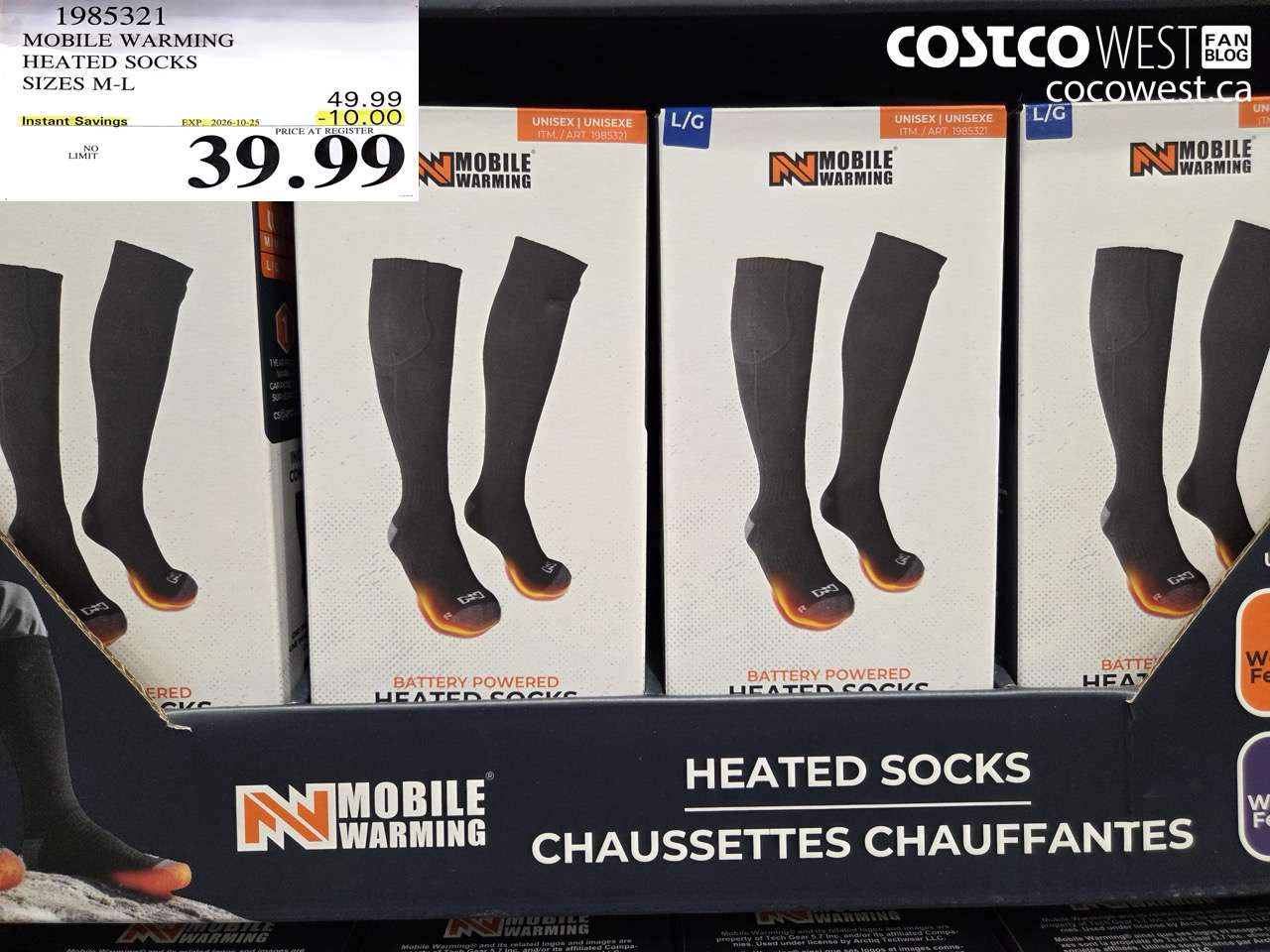 1985321 MOBILE WARMING HEATED SOCKS SIZES M-L ($10.00 INSTANT SAVINGS EXPIRES ON 2026-10-25) $39.99