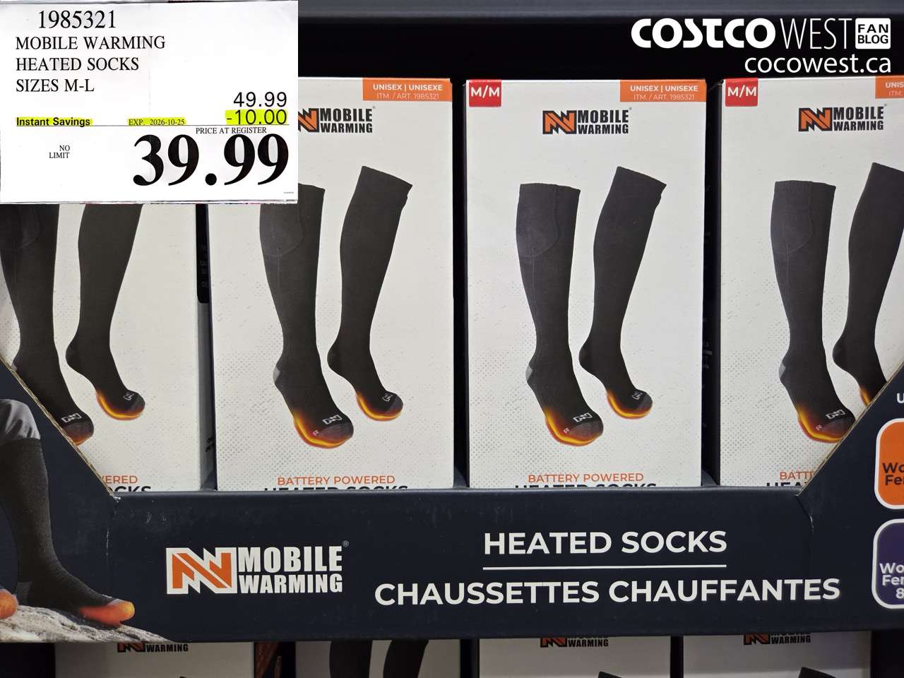 1985321 MOBILE WARMING HEATED SOCKS SIZES M-L ($10.00 INSTANT SAVINGS EXPIRES ON 2026-10-25) $39.99