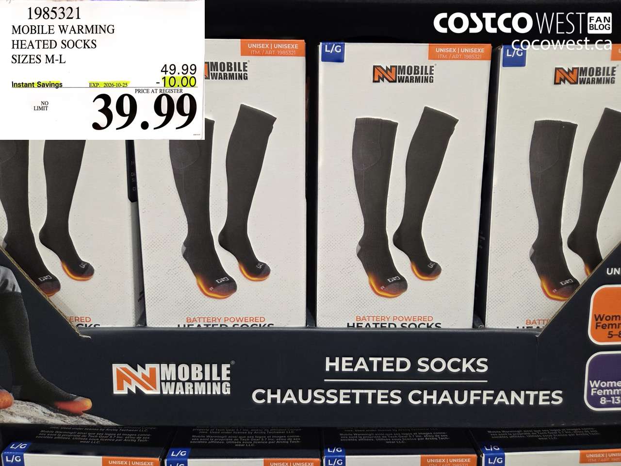 1985321 MOBILE WARMING HEATED SOCKS SIZES M-L ($10.00 INSTANT SAVINGS EXPIRES ON 2026-10-25) $39.99