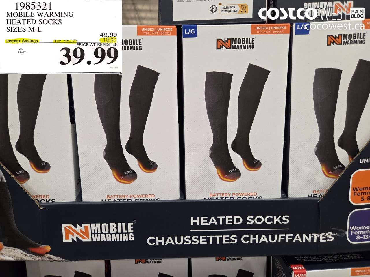 1985321 MOBILE WARMING HEATED SOCKS SIZES M-L ($10.00 INSTANT SAVINGS EXPIRES ON 2026-10-25) $39.99