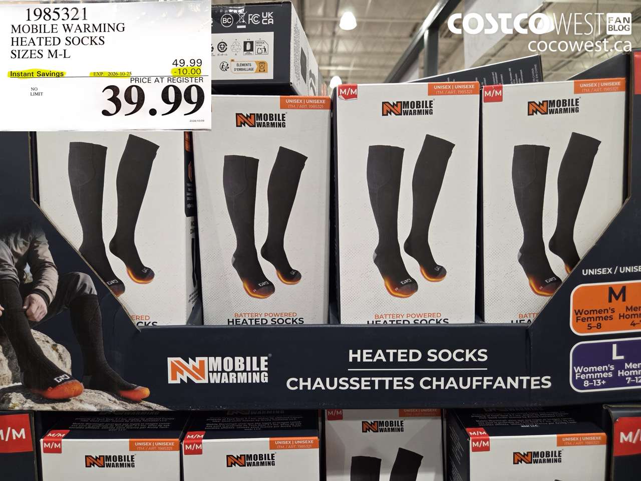 1985321 MOBILE WARMING HEATED SOCKS SIZES M-L ($10.00 INSTANT SAVINGS EXPIRES ON 2026-10-25) $39.99