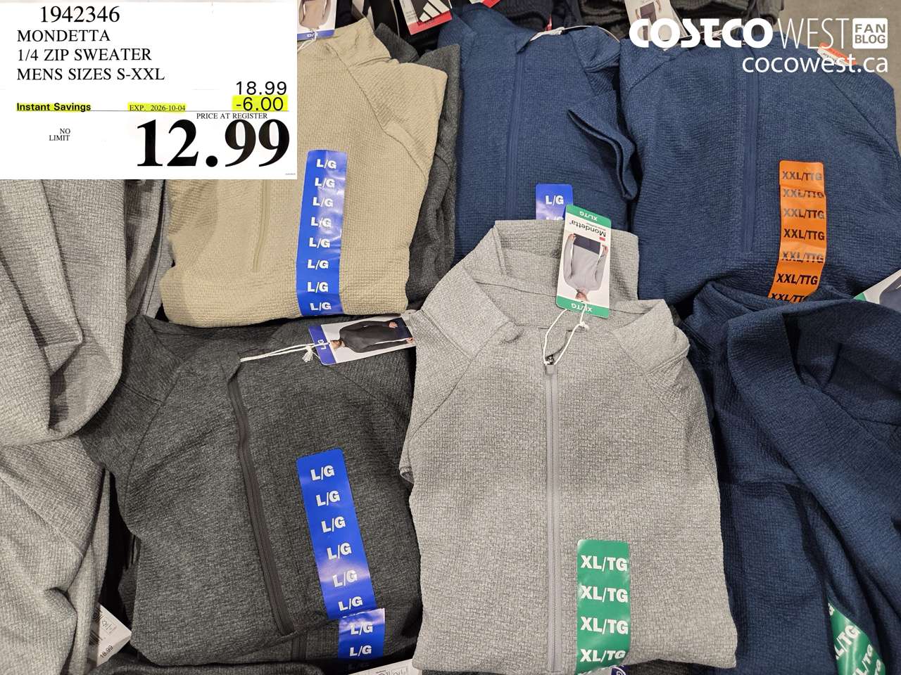 1942346 MONDETTA 1/4 ZIP SWEATER MENS SIZES S-XXL ($6.00 INSTANT SAVINGS EXPIRES ON 2026-10-04) $12.99