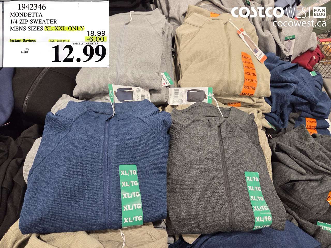 1942346 MONDETTA 1/4 ZIP SWEATER MENS SIZES XL-XXL ONLY ($6.00 INSTANT SAVINGS EXPIRES ON 2026-10-11) $12.99