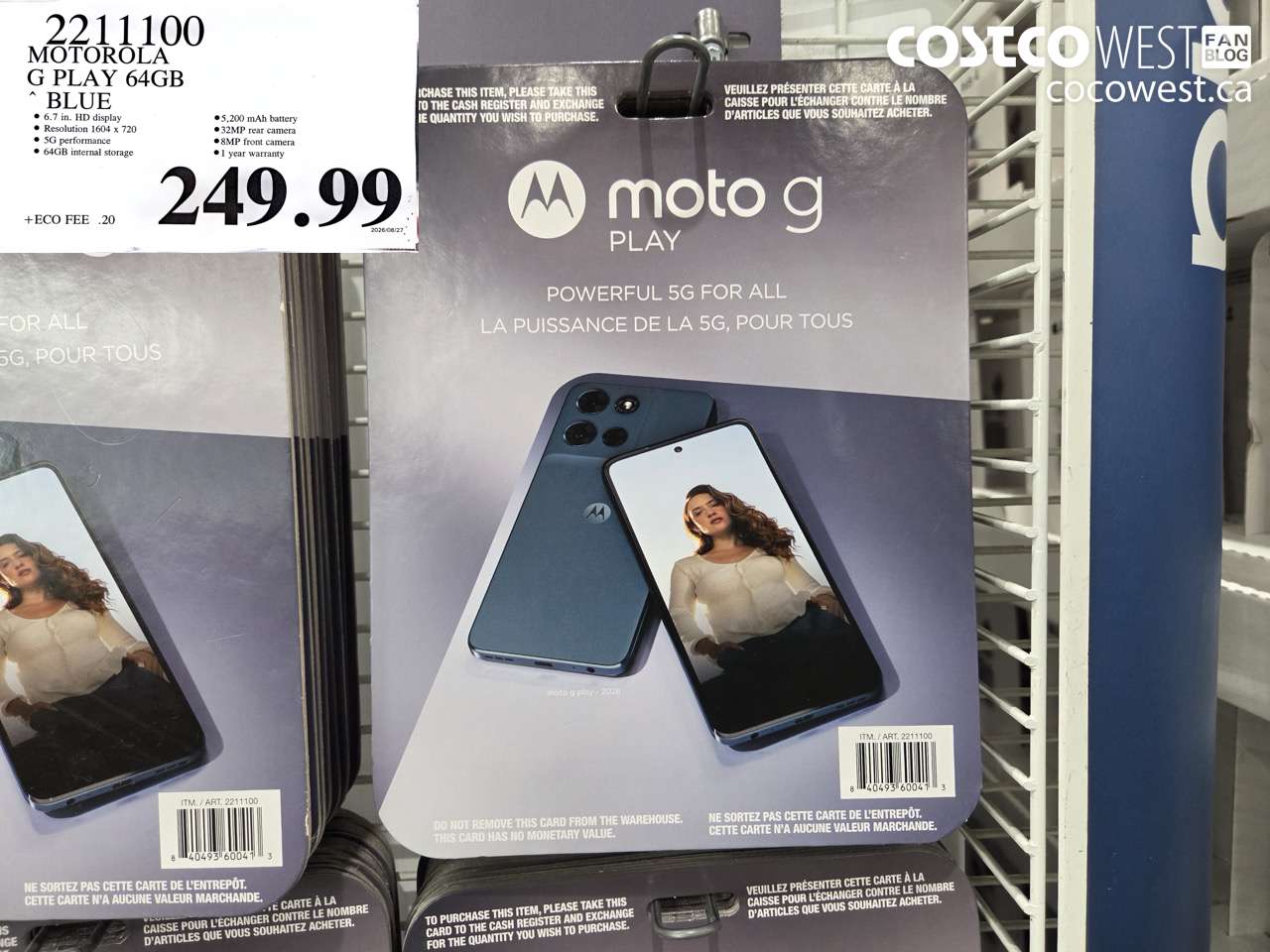 2211100 MOTOROLA G PLAY 64GB BLUE $249.99