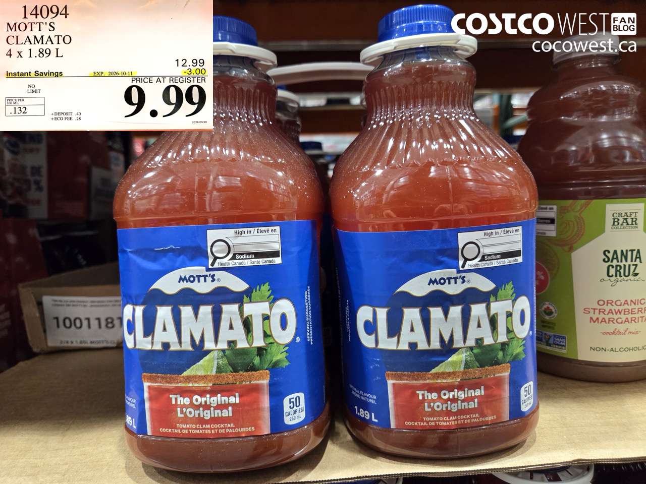 14094 MOTT'S CLAMATO 4 X 1.89 L ($3.00 INSTANT SAVINGS EXPIRES ON 2026-10-11) $9.99