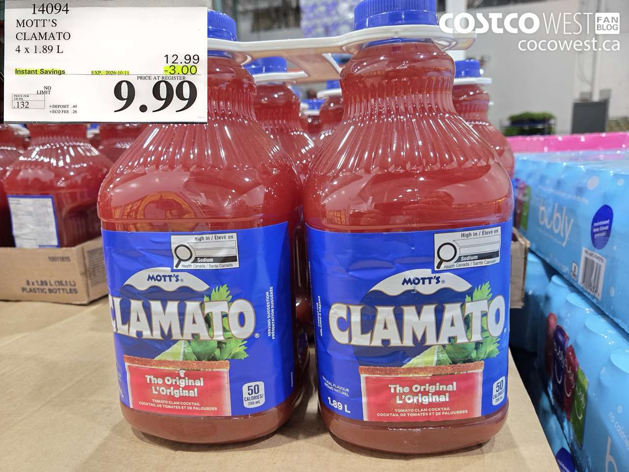 14094 MOTT'S CLAMATO 4 X 1.89 L ($3.00 INSTANT SAVINGS EXPIRES ON 2026-10-11) $9.99