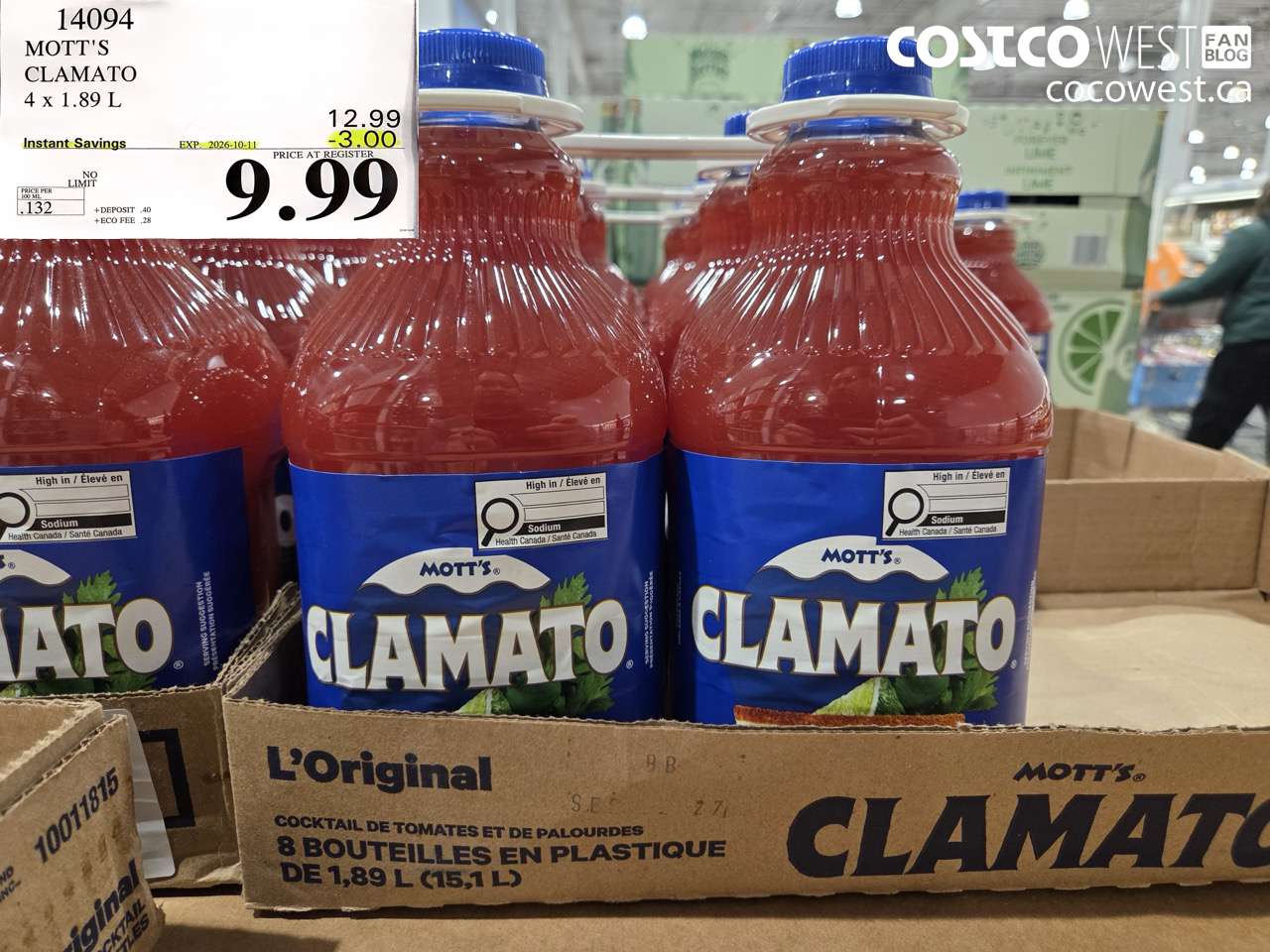 14094 MOTT'S CLAMATO 4 X 1.89 L ($3.00 INSTANT SAVINGS EXPIRES ON 2026-10-11) $9.99