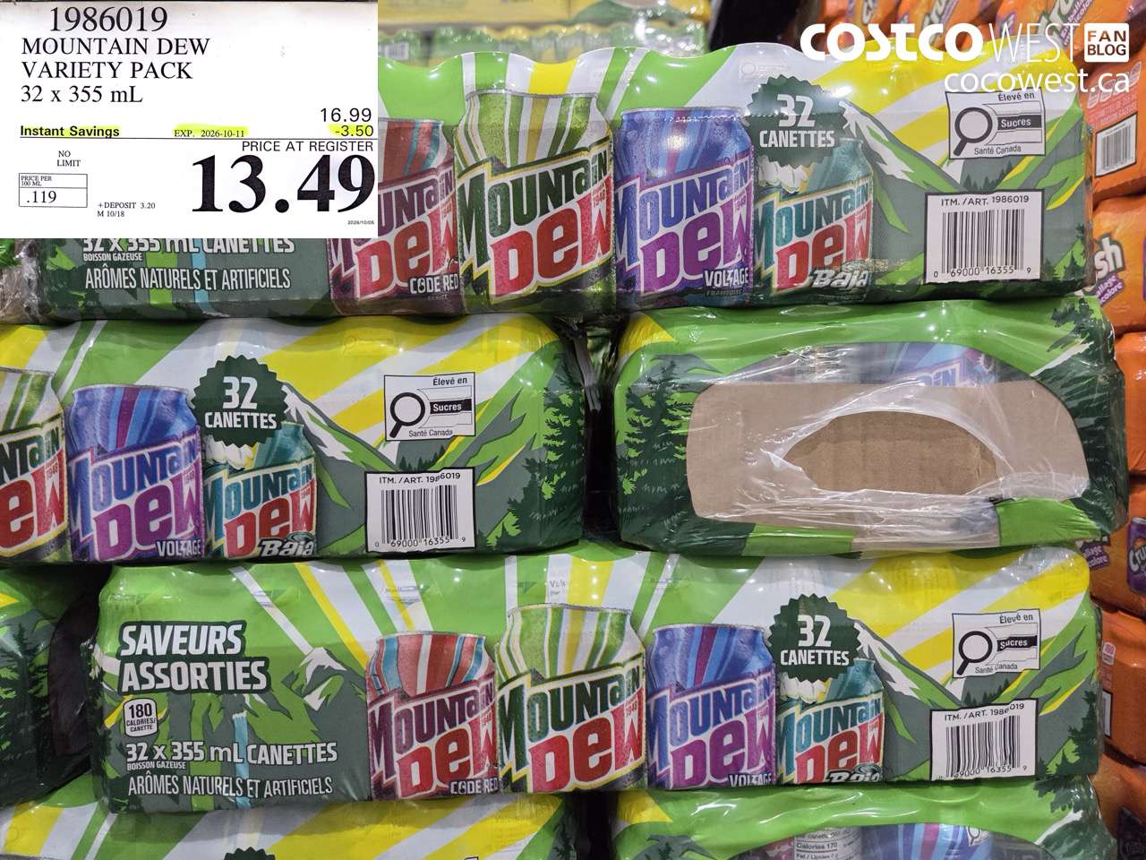 1986019 MOUNTAIN DEW VARIETY PACK 32 X 355 ML ($3.50 INSTANT SAVINGS EXPIRES ON 2026-10-11) $13.49