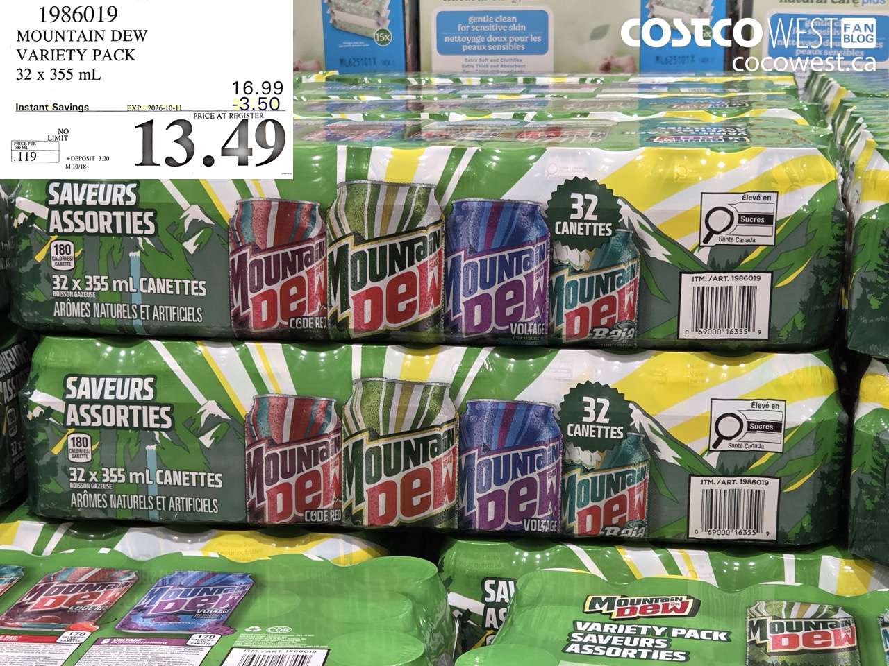 1986019 MOUNTAIN DEW VARIETY PACK 32 X 355 ML ($3.50 INSTANT SAVINGS EXPIRES ON 2026-10-11) $13.49