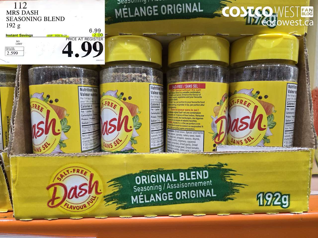 112 MRS DASH SEASONING BLEND 192 G ($2.00 INSTANT SAVINGS EXPIRES ON 2026-10-25) $4.99
