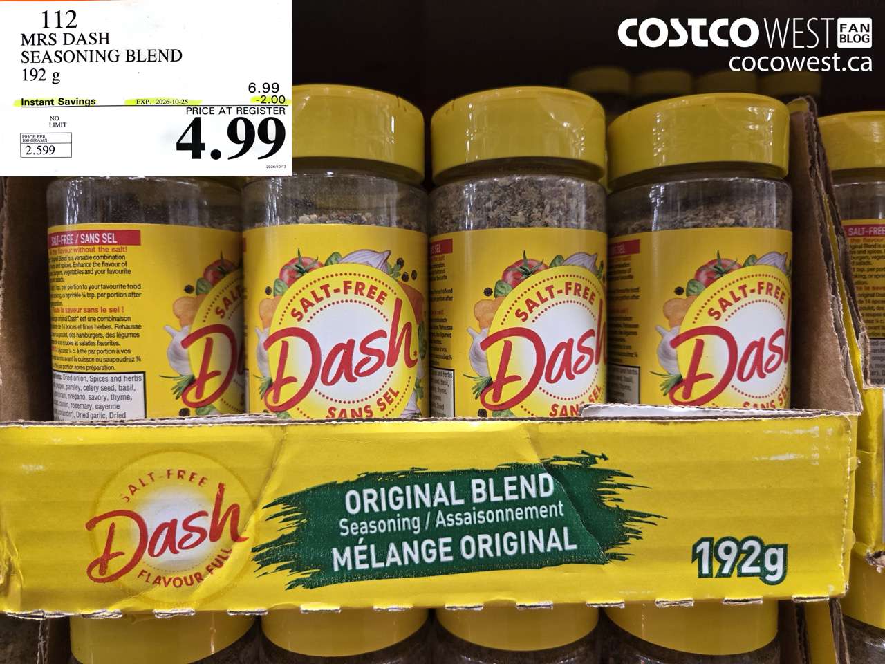 112 MRS DASH SEASONING BLEND 192 G ($2.00 INSTANT SAVINGS EXPIRES ON 2026-10-25) $4.99