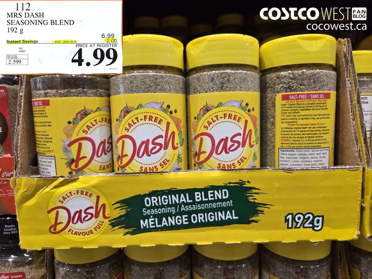 112 MRS DASH SEASONING BLEND 192 G ($2.00 INSTANT SAVINGS EXPIRES ON 2026-10-25) $4.99