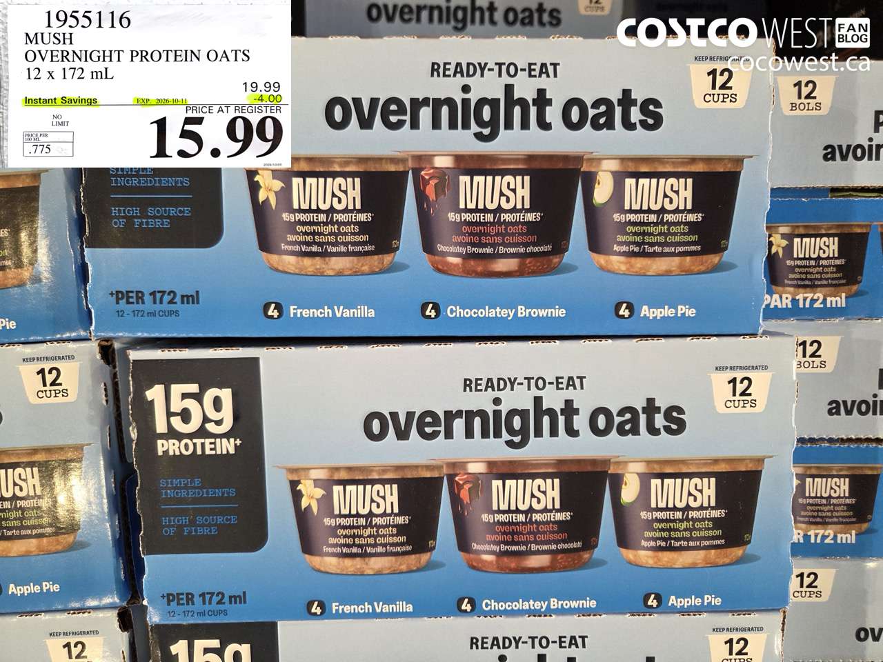 1955116 MUSH OVERNIGHT PROTEIN OATS 12 X 172 ML ($4.00 INSTANT SAVINGS EXPIRES ON 2026-10-11) $15.99