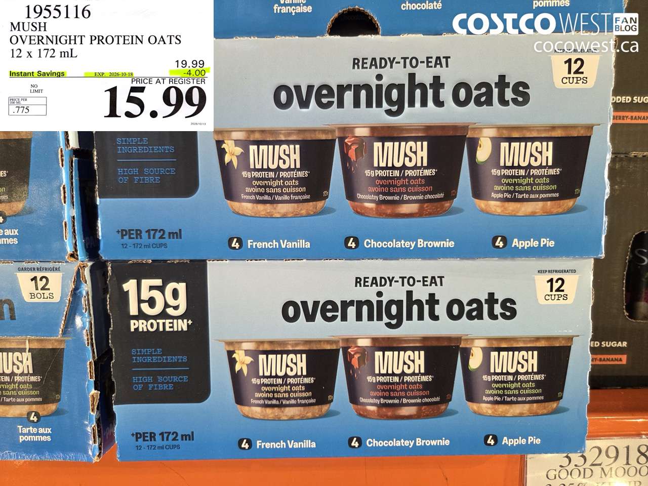 1955116 MUSH OVERNIGHT PROTEIN OATS 12 X 172 ML ($4.00 INSTANT SAVINGS EXPIRES ON 2026-10-18) $15.99