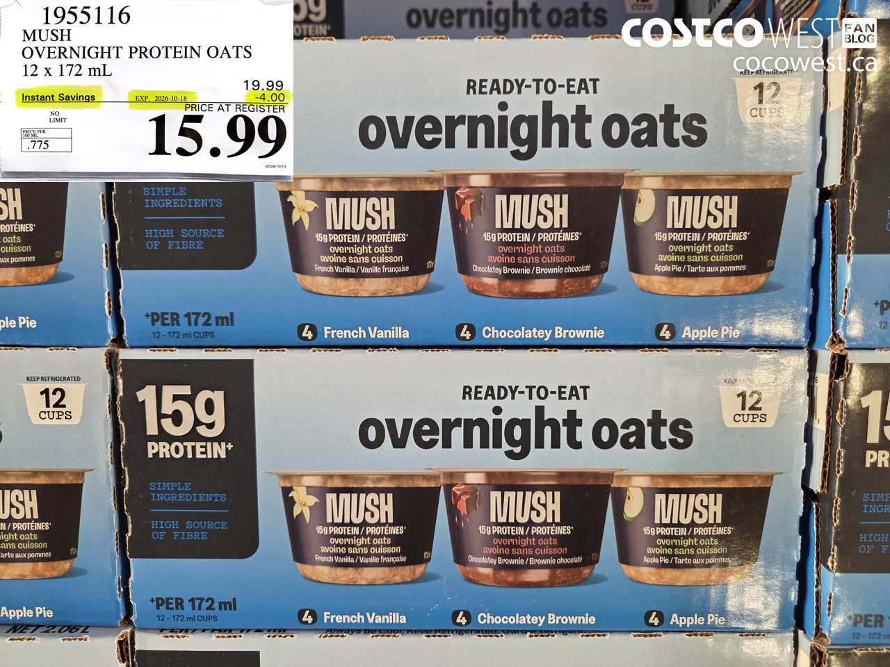 1955116 MUSH OVERNIGHT PROTEIN OATS 12 X 172 ML ($4.00 INSTANT SAVINGS EXPIRES ON 2026-10-18) $15.99