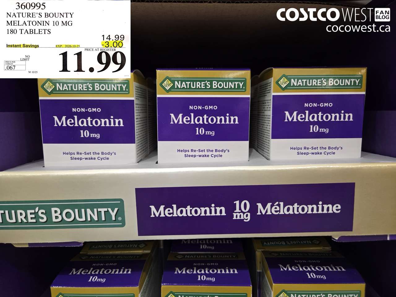 360995 NATURE'S BOUNTY MELATONIN 10 MG 180 TABLETS ($3.00 INSTANT SAVINGS EXPIRES ON 2026-10-25) $11.99