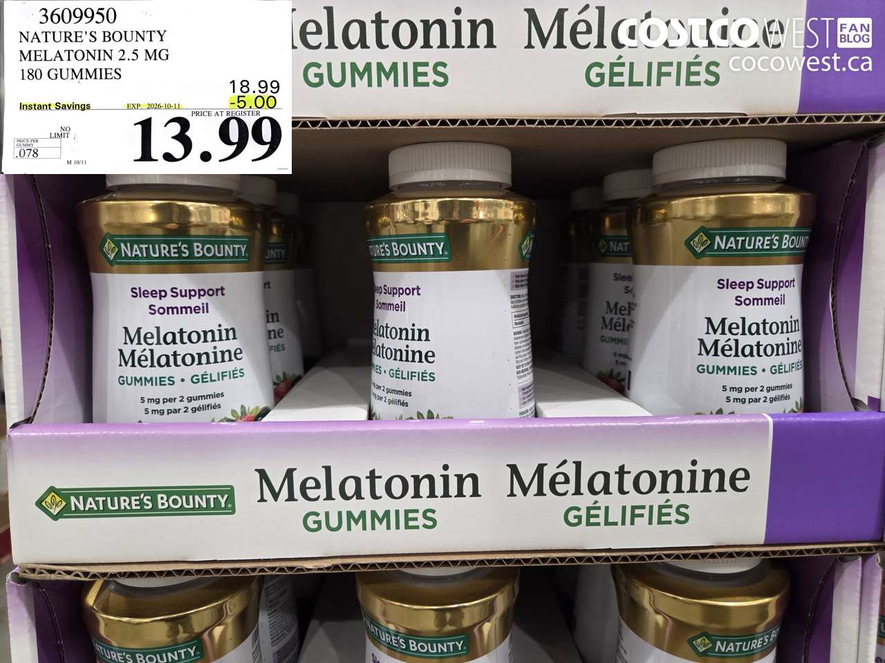 3609950 NATURE'S BOUNTY MELATONIN 2.5 MG 180 GUMMIES ($5.00 INSTANT SAVINGS EXPIRES ON 2026-10-11) $13.99
