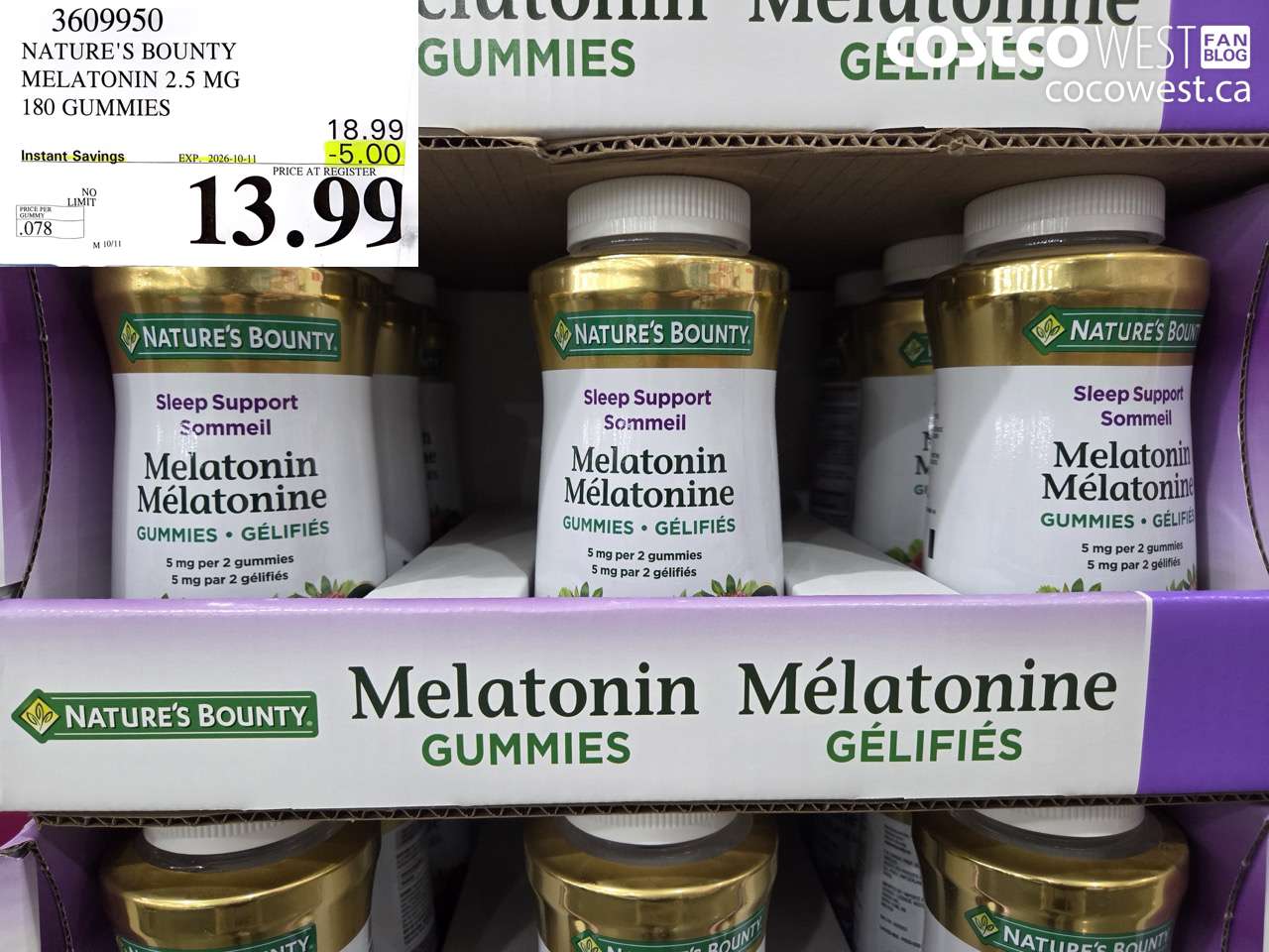 3609950 NATURE'S BOUNTY MELATONIN 2.5 MG 180 GUMMIES ($5.00 INSTANT SAVINGS EXPIRES ON 2026-10-11) $13.99