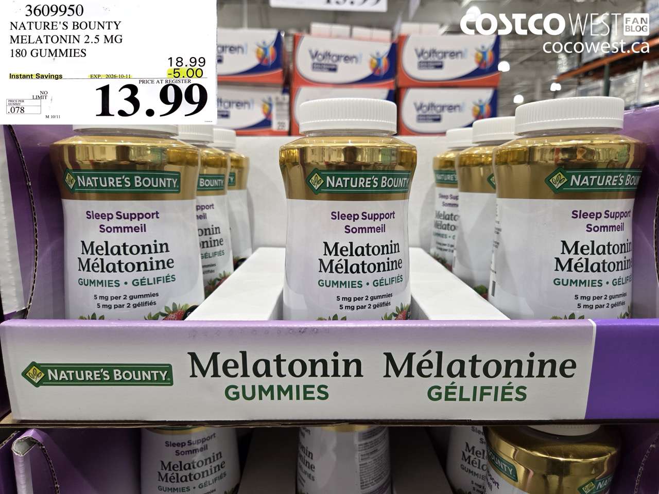 3609950 NATURE'S BOUNTY MELATONIN 2.5 MG 180 GUMMIES ($5.00 INSTANT SAVINGS EXPIRES ON 2026-10-11) $13.99