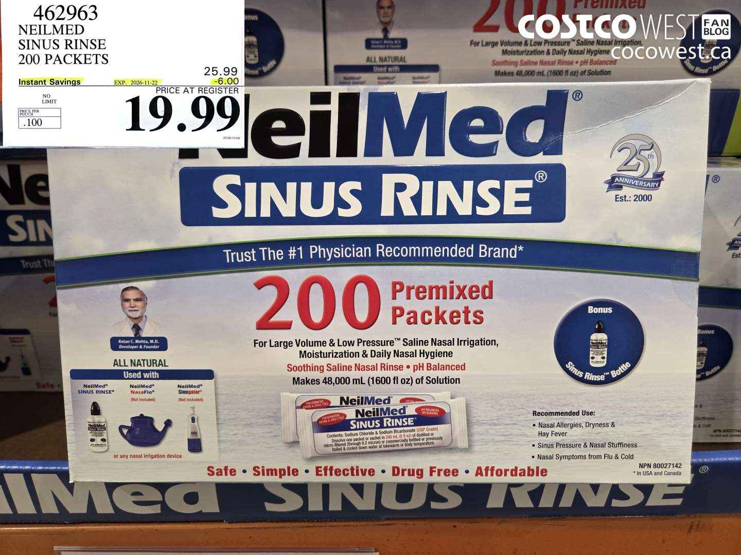 462963 NEILMED SINUS RINSE 200 PACKETS ($6.00 INSTANT SAVINGS EXPIRES ON 2026-11-22) $19.99