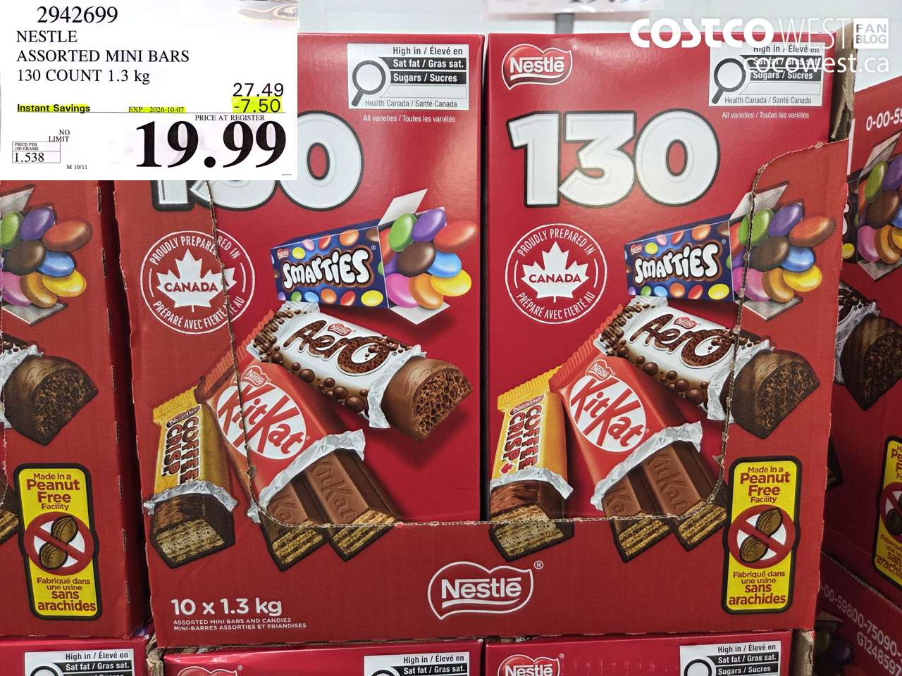 2942699 NESTLE ASSORTED MINI BARS 130 COUNT 1.3 KG ($7.50 INSTANT SAVINGS EXPIRES ON 2026-10-07) $19.99