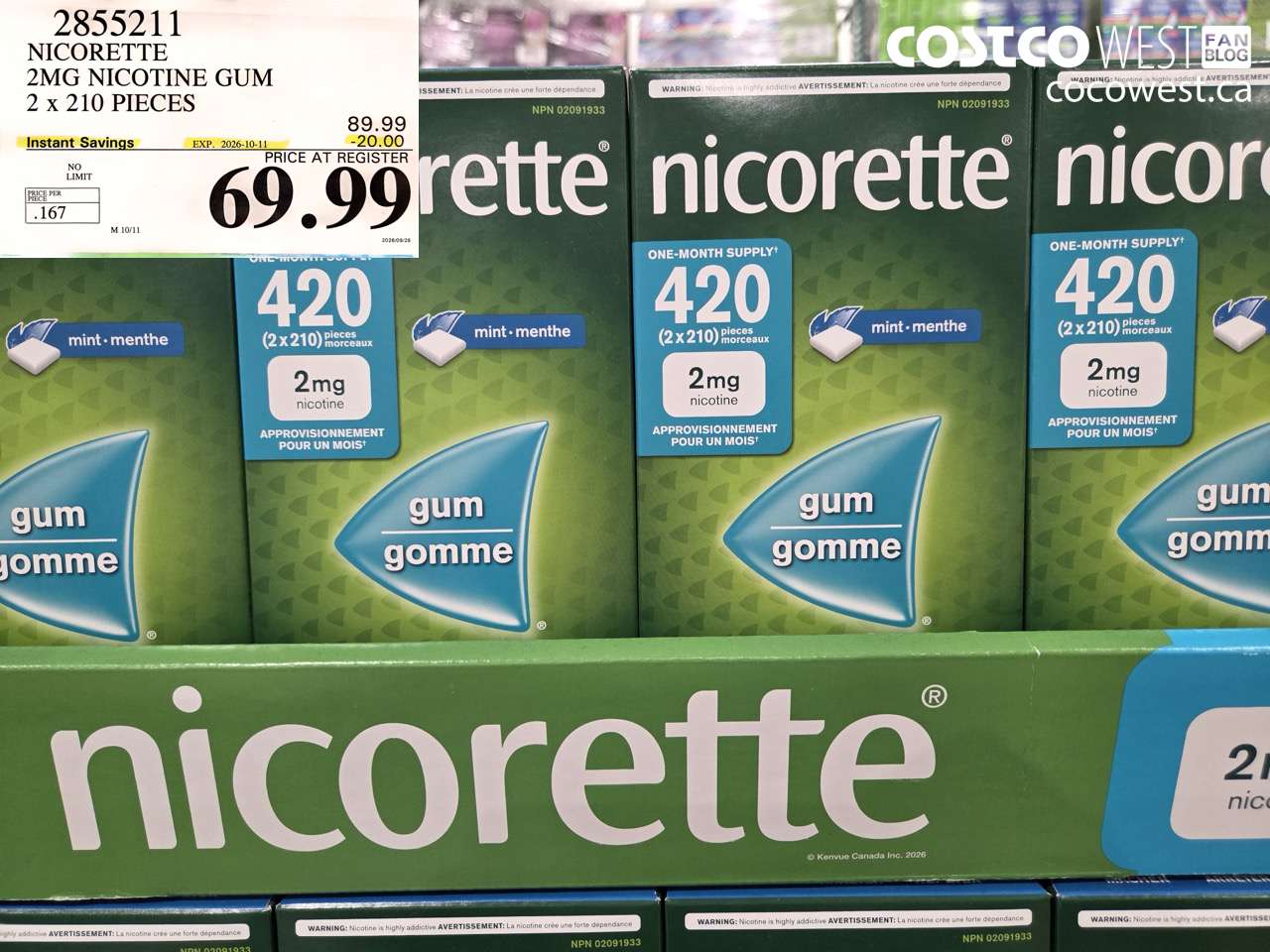 2855211 NICORETTE 2MG NICOTINE GUM 2 X 210 PIECES ($20.00 INSTANT SAVINGS EXPIRES ON 2026-10-11) $69.99