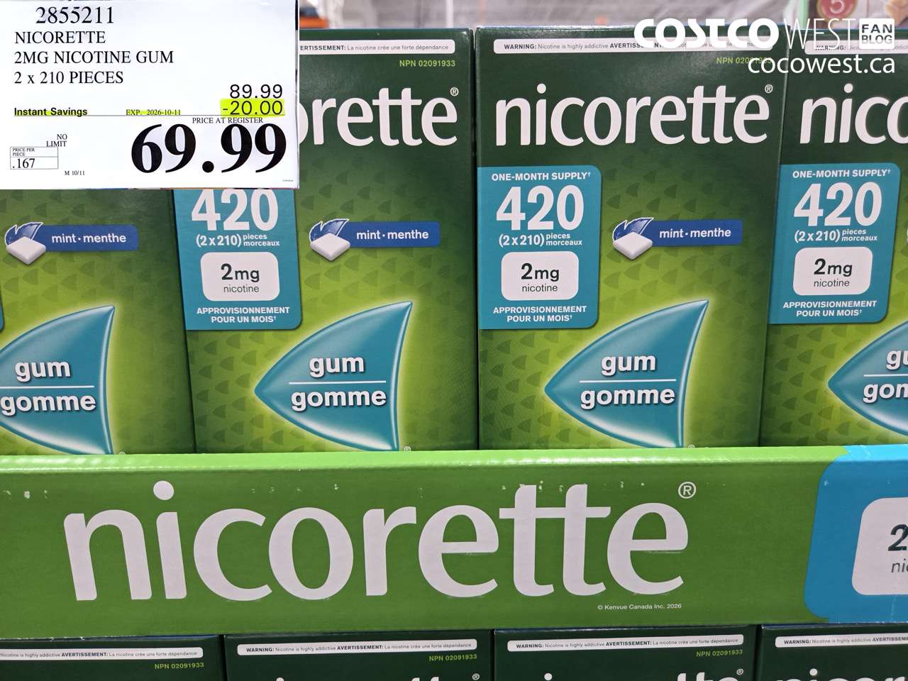 2855211 NICORETTE 2MG NICOTINE GUM 2 X 210 PIECES ($20.00 INSTANT SAVINGS EXPIRES ON 2026-10-11) $69.99