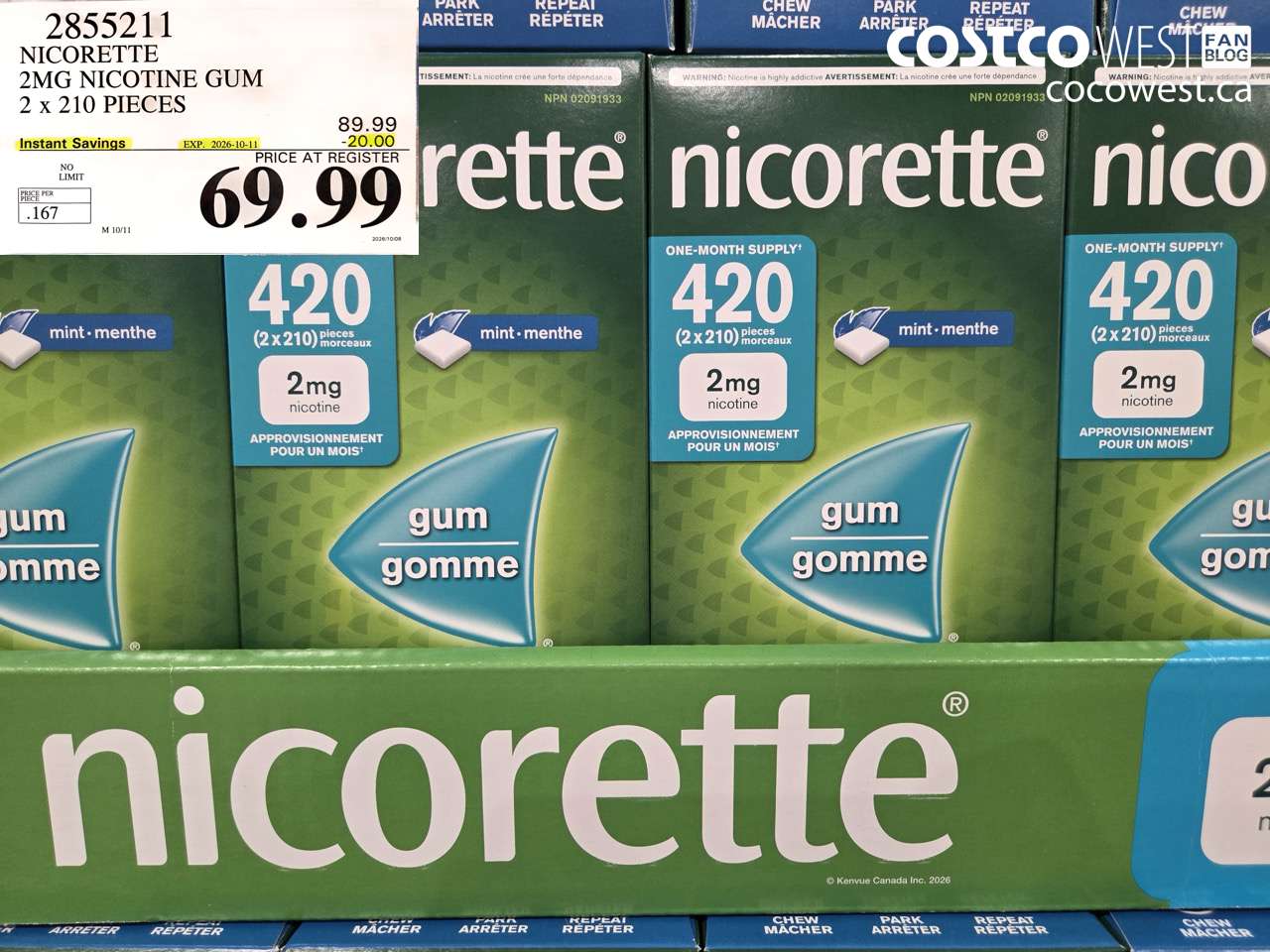 2855211 NICORETTE 2MG NICOTINE GUM 2 X 210 PIECES ($20.00 INSTANT SAVINGS EXPIRES ON 2026-10-11) $69.99