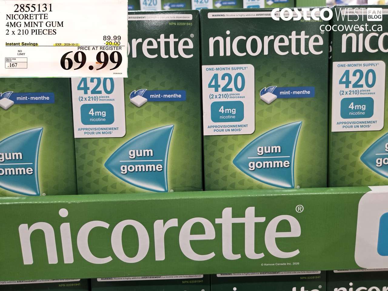 2855131 NICORETTE 4MG MINT GUM 2 X 210 PIECES ($20.00 INSTANT SAVINGS EXPIRES ON 2026-10-11) $69.99